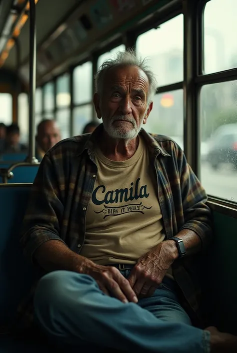 An old man on a bus with a tattoo that says Camilas name 