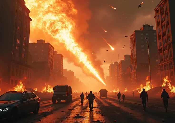 Create an ultra realistic image 8k Apocalypse ,  meteors falling from the sky ultra realistic detailed fire cars houses on fire ultra realistic high resolution realistic apocalyptic atmosphere people running on the street desperate realistic 8k 