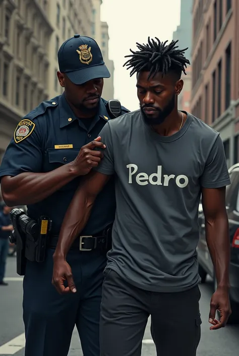 Make a black man sad with a shirt written (Pedro) being arrested by an American police officer 