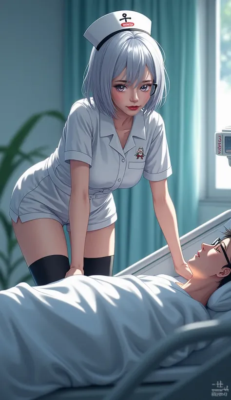  Ultra realistic style ， Low Angle Shot ，A nurse knocks on Jiros leg and sits at the bedside，Wearing nurse uniform，Nurse hat， silver white hair ， wearing black glasses，Short shorts，Over the knee black stockings，