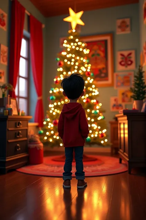  Miguel Rivera character from the movie Coco, From behind looking at a Christmas tree 
