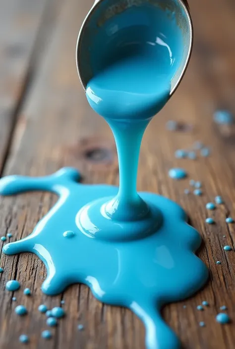 Create realistic photo of melting blue ice cream syrup with wooden background