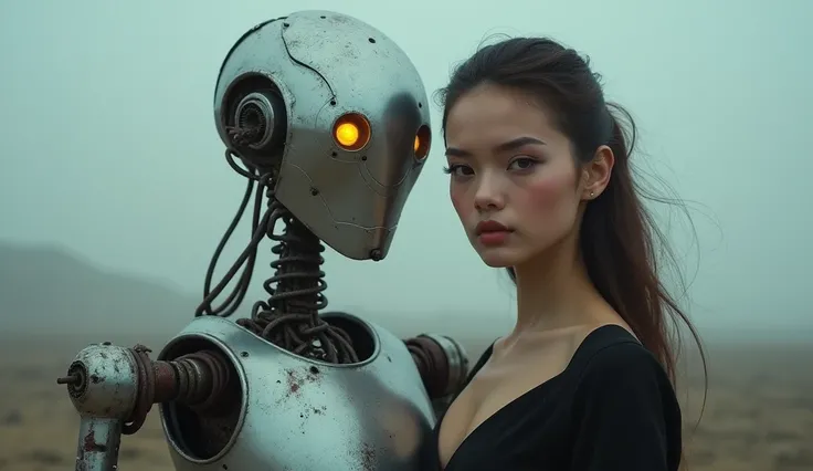 Here’s the rewritten version with the alien replaced by a robot:

"A stunningly beautiful 24-year-old woman with radiant features, expressive eyes, and a confident demeanor, standing beside a tall, humanoid robot with an unusual and awkward design. The wom...