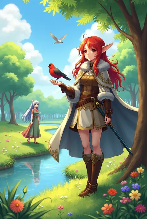 A vibrant fantasy scene depicting two elf-like characters in a serene meadow during a sunny day. The main character in the foreground has long red hair, wearing a detailed cape with fur trims and ornate armor, holding a small sword. A bird perches graceful...