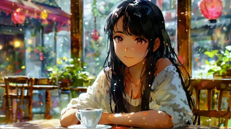 A young woman with long black hair, brown eyes, sitting at a table in a cozy café, drinking a cup of coffee. The café has wooden furniture and soft lighting. masterpiece, high quality.A young woman with long black hair, sitting at a table in a cozy café, d...