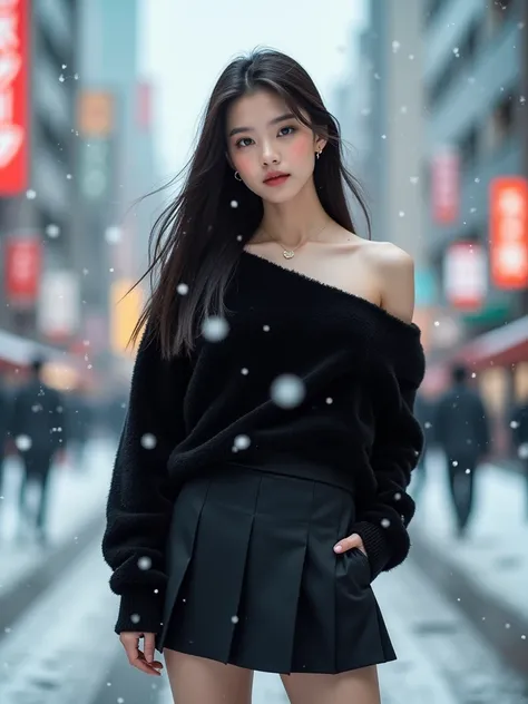 8K, 1 Korean model girl wears an off-shoulder black plush sweater, a pleated miniskirt, white thighs, the streets of Tokyo, falling snow,