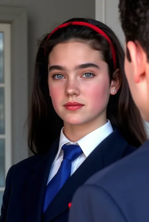 (very realistic photography),(masterpiece, best quality:1.3), 1girl and A man with his back turned towards me, from the front, her beautiful face,
((young Jennifer Connelly)),(at age 15),
she wear in tidy dark blue high school blazer uniform and immaculate...