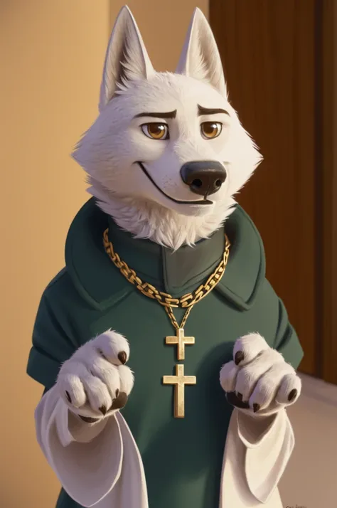 Father Harry, (Zootopia), (white body:1.3), White fur, Brown eyes, Zootopia,dressed, Catholic priest, cassock,a stiff white collar with a shirt front sewn onto it, gold chain, cross,Headdress, pileolus, white square,On the neck,canine, wolf, detailed fur, ...