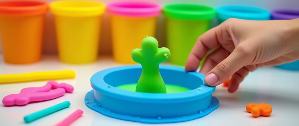 Prompt:
"An image showcasing a Play-Doh setup with six colorful tubs of Play-Doh in orange, pink, green, yellow, blue, and purple placed in the background. In the foreground, a blue plastic mold is being used to create a green doll shape. The mold is opene...