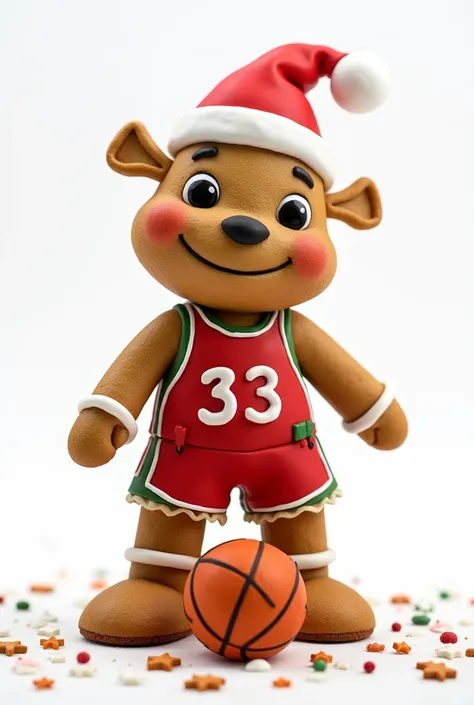   Design a gingerbread cookie like the character   " Jengi  "   of Sherk with a Santa Claus hat  .   The gingerbread cookie is standing in a basketball position ,   with a basketball in front of her feet  .   
  The cookie is wearing a basketball uniform  ...