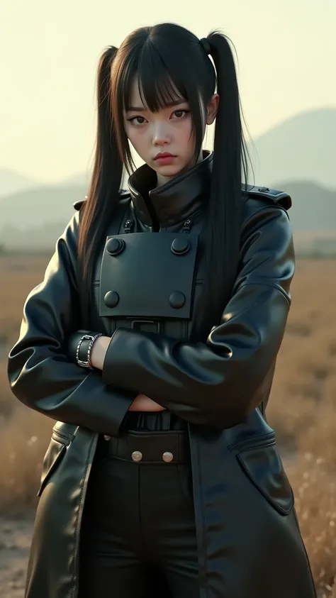 An extremely sadistic, brutal yet traumatised young female Korean military commander with very long straight layered black hair with bangs in two pigtails, lean yet muscular hourglass figure, long heart-shaped oval face, pale complexion, large eyes, high w...