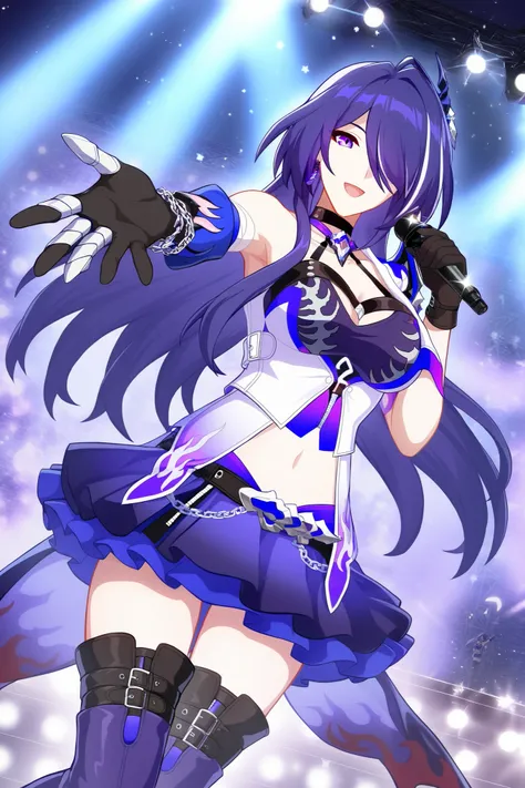 1girl, holding, gloves, skirt, navel, purple skirt, solo, looking at viewer, smile, microphone, holding microphone, open mouth, boots, choker, outstretched arm, thighhighs, breasts, sleeveless, sparkle, stage, hair ornament, shirt, outstretched hand, frill...