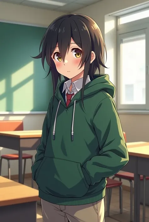 Create a short and slightly plump boy , quite long hair,  penetrating look dressed in casual clothes,  he is in a school classroom ,  that this character has a touch of selflessness and is realistic but that he is like an anime character