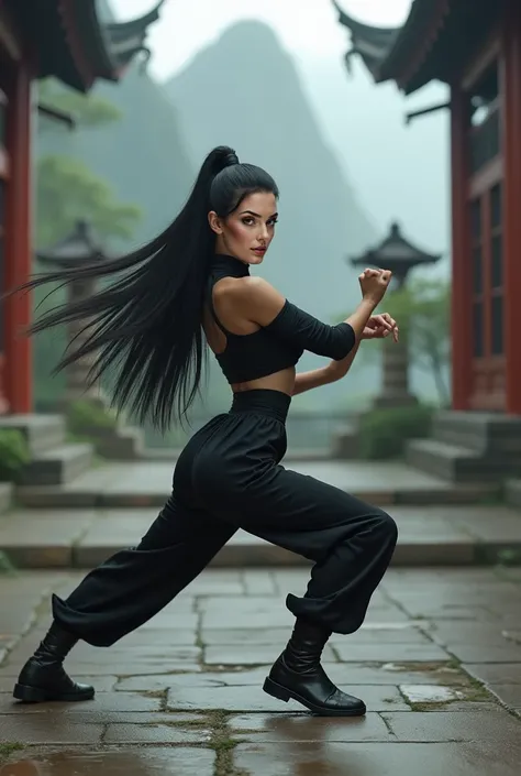 Hot girl, big boobs, breasts size 36D, attractive face, sharp jawline, sexy makeup, long straight black hair fierce , executing a powerful kung fu stance, her hands poised with focus and intensity, dressed in a sleek martial arts uniform, standing in an an...