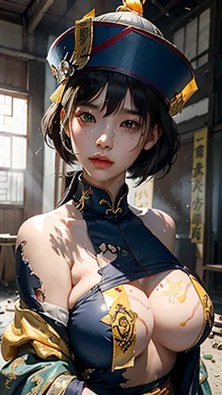 RAW, masterpiece, super fine photo, best quality, super high resolution, realistic, sunlight, a beauty, super huge, yellow rune paper on her face, many Taoist rune paper pasted on her body, Qing Dynasty official uniform, female zombie, Hong Kong Lin Zhengy...