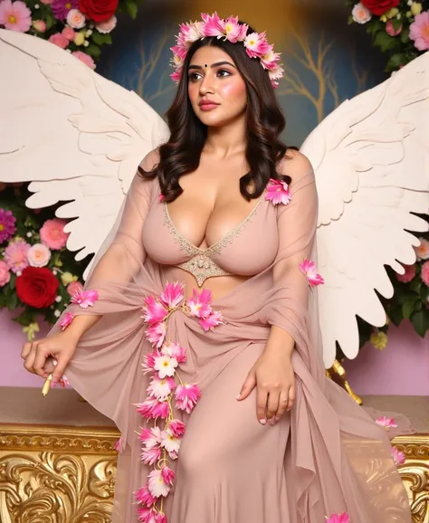 Woman is a angel, Big breast, Big . Indian Apsara, indian angel. Curvy figure, beautiful face, beautiful figure, flowers stage. On her head flowers garland. She has angel wings. Her body cover with flowers. All outfits made with flowers. Transparent outfit...