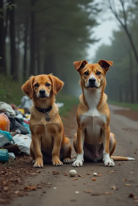 there are Two dogs sitting on the ground next to a pile of trash, un retrato de Judith Gutierrez, flicker, sumatraism,  with stray dogs , Puppies, Very sad, piercing, intense moment, impressive image, a wooden , sad look, intense look, sad, sad scene, very...