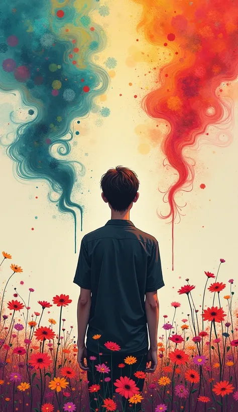 A person surrounded by colorful flowers or paint splatters, with a thoughtful expression
, Illustration drawing stoicism
