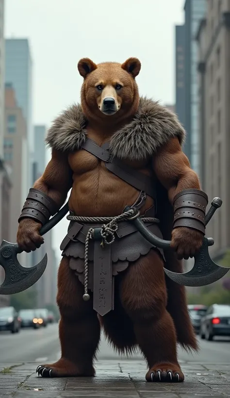 An ultra realistic full body photo , Of an anthropomorphic bear with a bears skin, muscular, wearing a Viking costume ,  holding two axes, one in each hand. In the background you can see New York 