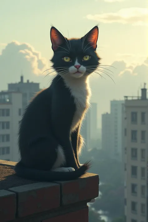  Hes sitting alone on top of a roof .  He looks at the other cats playing in the distance , But dont come down to join them .  The camera focuses on his ear scar and the sad look as the wind blows softly.
