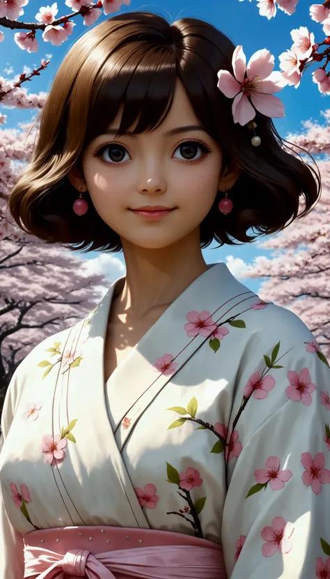  a beautiful young woman in a retro-style portrait from the 60s, with a soft smile, standing in a cherry blossom field in Tokyo , Japan, ( Best Quality ,4k,8K,highres,masterpiece:1.2), ultra-detailed ,( realistic ,photo realistic ,photo- realistic :1.37), ...