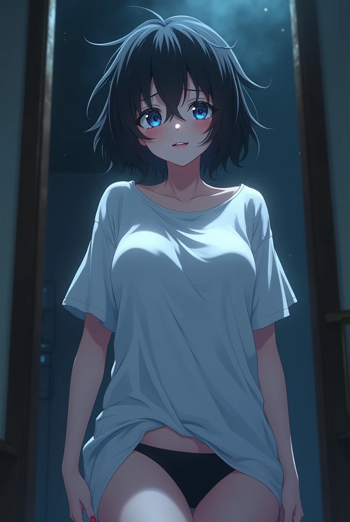 Anime tall ghost girl, short black hair, smiling, with small fangs, mischievous appearance, slightly sad, black, wearing a big white T-shirt, a big white T-shirt with open shoulders on one side, wearing only black panties, pale skin and messy hair, big bre...