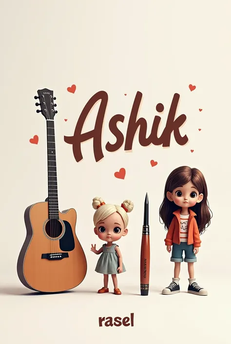 "A creative name design featuring the name Ashik in an artistic font. Beside the name, include an illustration of a modern guitar, a beautiful doll with intricate details, and an elegant pen placed stylishly. The doll should look charming, with a cute outf...