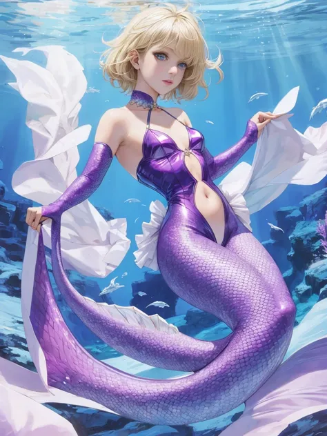 purple scales mermaid, 1girl, crossdressing, anime, beauty, small breasts, short hair, blonde hair, blue eyes, sea, underwater, ocean, full body, scales mermaid, 