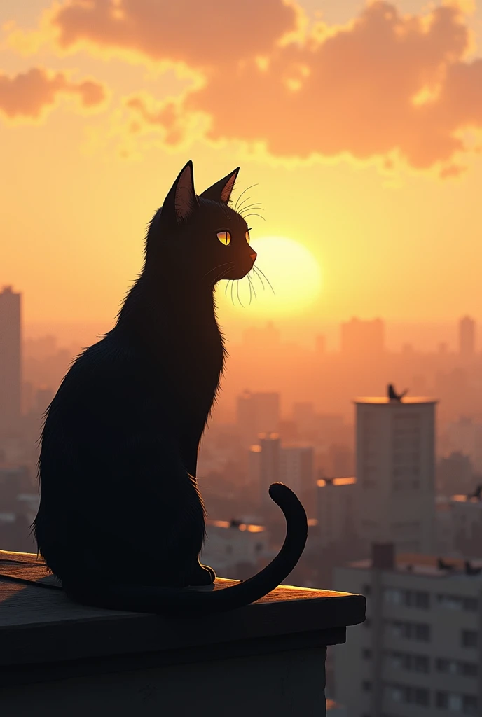 " A black cat with a small ear scar is sitting alone on top of a roof at dusk.  It looks at the horizon with a melancholic expression , while other cats play in the distance .  The wind blows softly ,  and the sky is in shades of orange and gold ."

