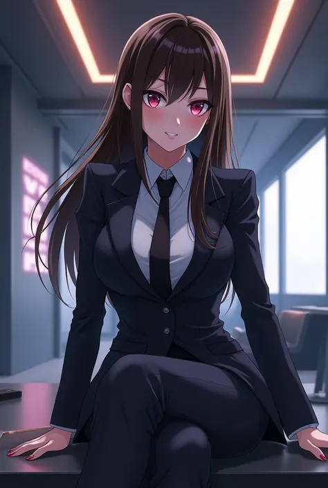 Brunette girl from the Mafia anime bsd executive sitting on desk with a playful smile 