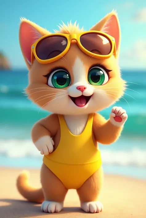 Circle々kitten ,          bright         , Real Cat,     Cute green eyes     ,      Hang sunglasses、　　Wear a yellow swimsuit      ,          Coast Background 　、  Standing 、  raise your hand
