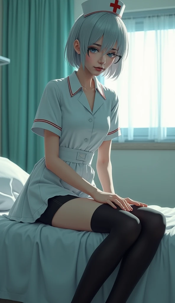  Ultra realistic style ，Low angle upward shot，A young female nurse sitting by the bedside with her legs bent，Wearing nurse uniform，Nurse hat， silver white hair ， wearing black glasses，Short shorts，Over the knee black stockings