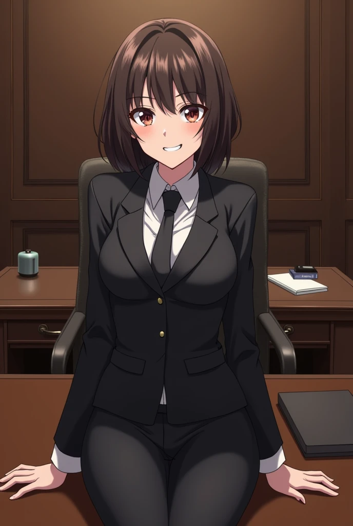 Brunette girl from the Mafia anime bsd executive sitting on desk with a mocking smile 