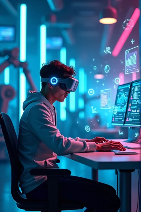 Prompt:
" A futuristic scene with a young man sitting at a modern and elegant table ,  using a high-tech computer .  He is wearing an advanced headset with bright blue details. Around you,  various holographic icons float , showing charts, futuristic messa...