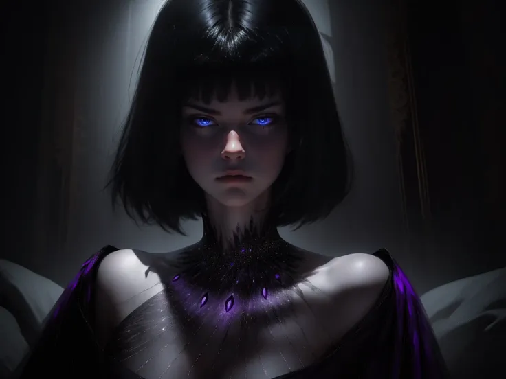 she has short hair, flowing raven-black hair (bangs) and pale, almost ethereal skin. Her eyes are a deep violet, giving her an otherworldly appearance. She dresses in flowing robes of dark purple and black, often adorned with symbols of the occult. angry f...