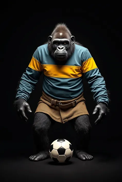 A black gorilla wearing clothes from the Stone Age( clothing that is colored  : 2 horizontal blue lines and in between a yellow one horizontally ), and a soccer ball under the foot with a black background 
