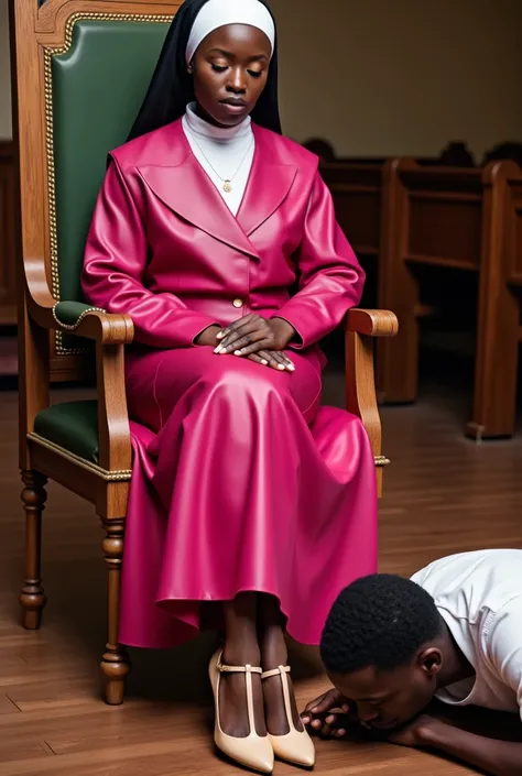 Beautiful Nigerian nun in a hot pink leather habit and beige patent leather t-strap heels, sitting elegantly on a throne with a man lying at her feet and licking her shoes. The man lying on the church floor is kissing her feet with reverence