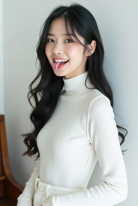 "K-pop style women&#39;   realistic image   、           Korean beauty sticking out her tongue in uniform          , length, Wavy black hair.    Tie your hair back、I&#39;Iは髪をポニーテールにしています、White wall background、   Im wearing a white high neck long sleeve swea...