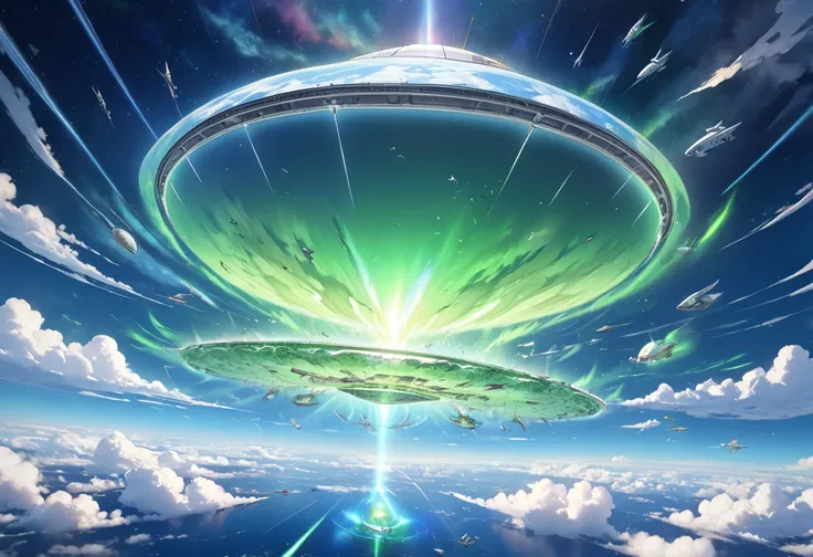 (Classic and detailed) panoramic, (in the above sky, background beautiful Troposphere and many Air Fighter), j(a small magical battle UFO, flying in the above sky), break, perfect anatomy, masterpiece, best quality, 16k, beautiful detailed green aurora.