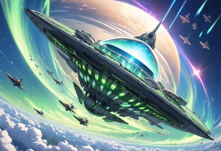 (Classic and detailed) panoramic, (in the above sky, background beautiful Troposphere and many Air Fighter), j(a small magical battle UFO, flying in the above sky), break, perfect anatomy, masterpiece, best quality, 16k, beautiful detailed green aurora.