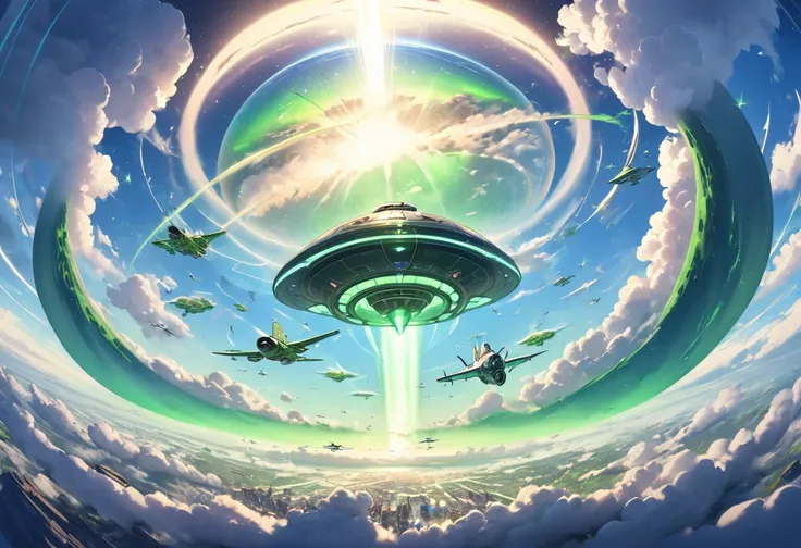 (Classic and detailed) panoramic, (in the above sky, background beautiful Troposphere and many Air Fighter), j(a small magical battle UFO, flying in the above sky), break, perfect anatomy, masterpiece, best quality, 16k, beautiful detailed green aurora.