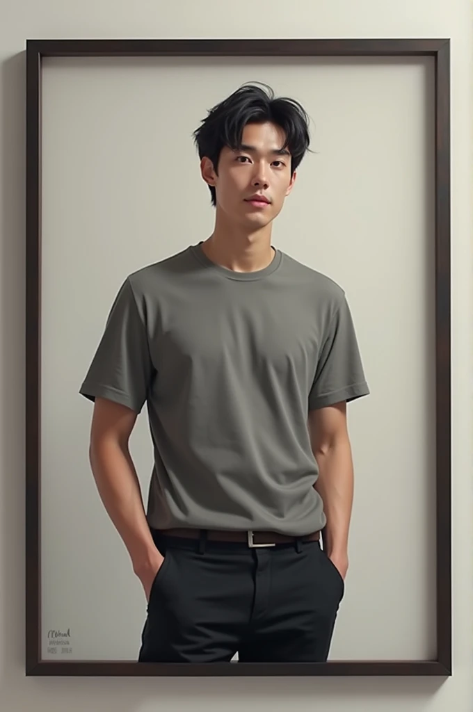 Medium size male with short black hair wearing gray shirt with black pants in picture frame