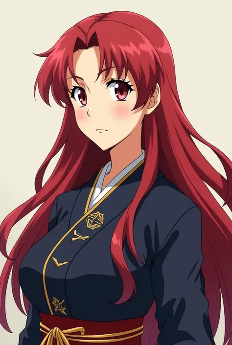 Female anime character , middle-aged, From about 45 years old,  with long red hair , And look strong ,  wearing a dark blue kimono with gold details, Of mature posture  