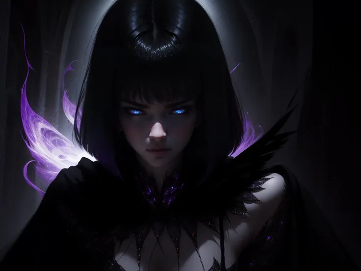 she has short hair, flowing raven-black hair (bangs) and pale, almost ethereal skin. Her eyes are a deep violet, giving her an otherworldly appearance. She dresses in flowing robes of dark purple and black, often adorned with symbols of the occult. angry f...