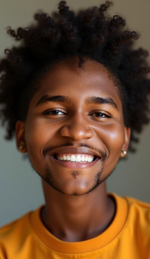 Smiling black-skinned boy, with black curly hair, 