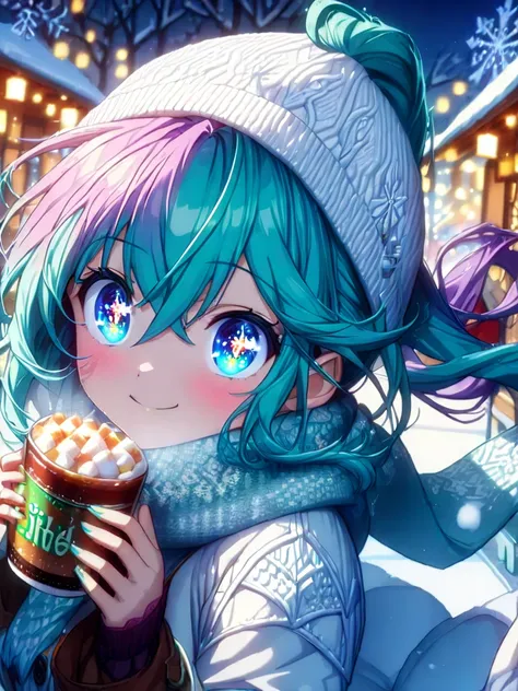 Two anime-style twin girls in a winter scene, set in a snow-covered park with a small ice-skating rink. One girl has a cheerful and energetic expression, wearing a red coat, a knit hat, and a scarf, with her hair in a ponytail. The other girl has a calm an...