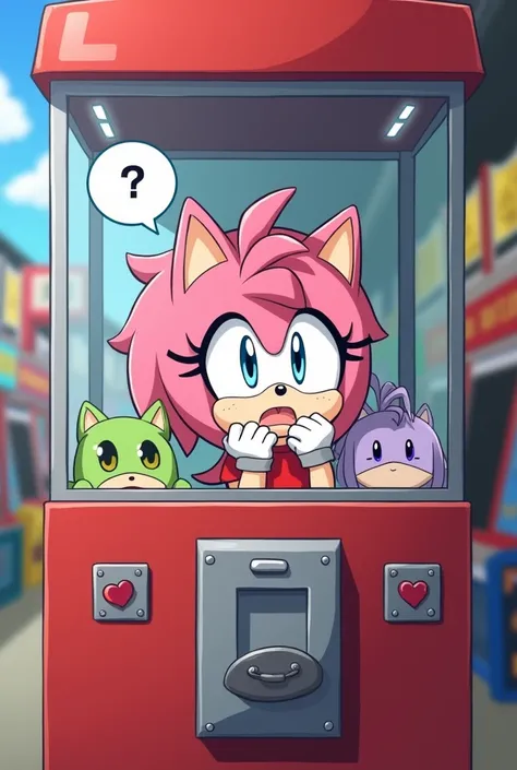 (Chibi Amy Rose from sega Anime Render,Chibi Girl as a prize at the claw game), (Arcade, Stuffed chibi Amy Rose girl plush toys, prizes), classic claw game, worried, panicking face, button controls, claw has picked up the girl by mistake, ((her saying "W-W...