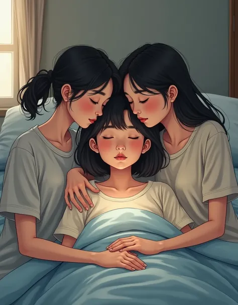 Draw a picture where a sick Korean woman is visited by two of her female friends