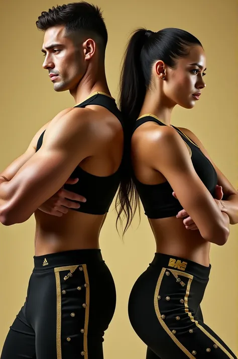 A man and a woman wearing gold-and-black sportswear posing back-to-back 