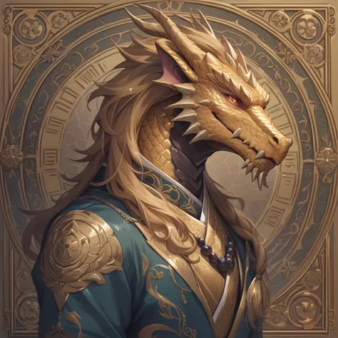 The golden dragon male with golden scales Dressed as an advisor to the Japanese Emperor